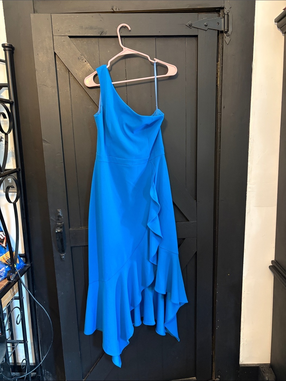 Xscape One-Shoulder Ruffle Midi Dress in Electric Blue